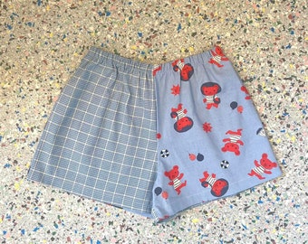 Up Cycled, Repurposed Fabric, Handmade Shorts, Mixed Fabrics, Red Bear Print, Mixed with Blue, Yellow, Plaid Women's Shorts, Size Meduim