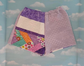 Upcycled, Repurposed, Mixed Patchwork Quilt Shorts, Purple, Lavender, Butterfly, mixed Pink Green, Patchwork Quilt Shorts, Size Small OOAK