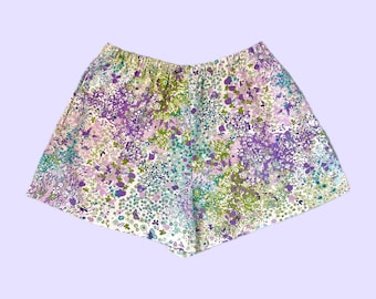 Upcycled, Repurposed Vintage Fabric, Field of Flowers, and Butterflies, Pink, Blue, Purple, Green, Women's  Shorts, Cotton, Size Medium OOAK