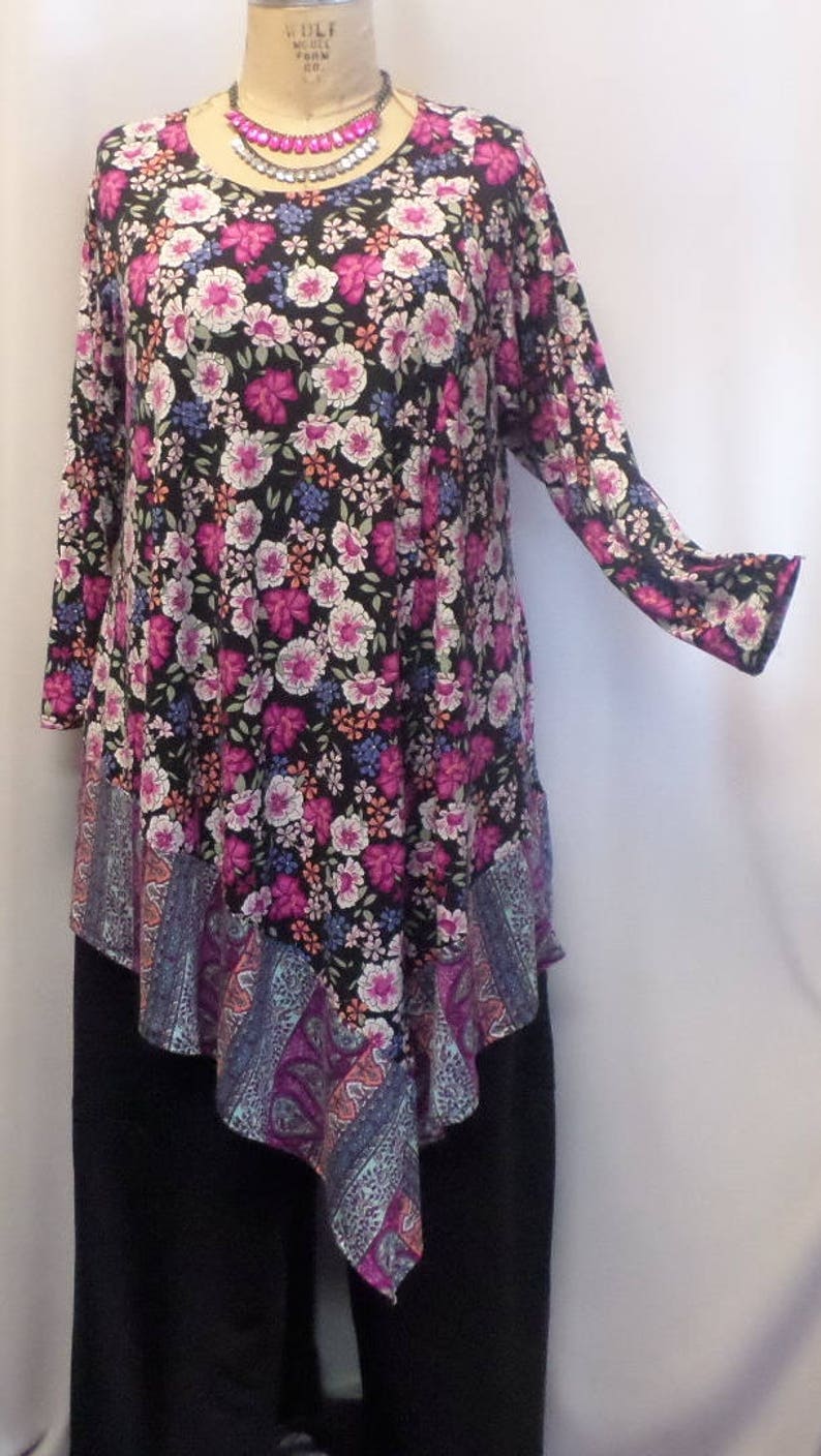 Coco and Juan fits 1X,2X Black Lagenlook Blue Women\u2019s Top Bust 50 inches Size 1 Plus Size Tunic Top Pink Floral Angel Tunic Top