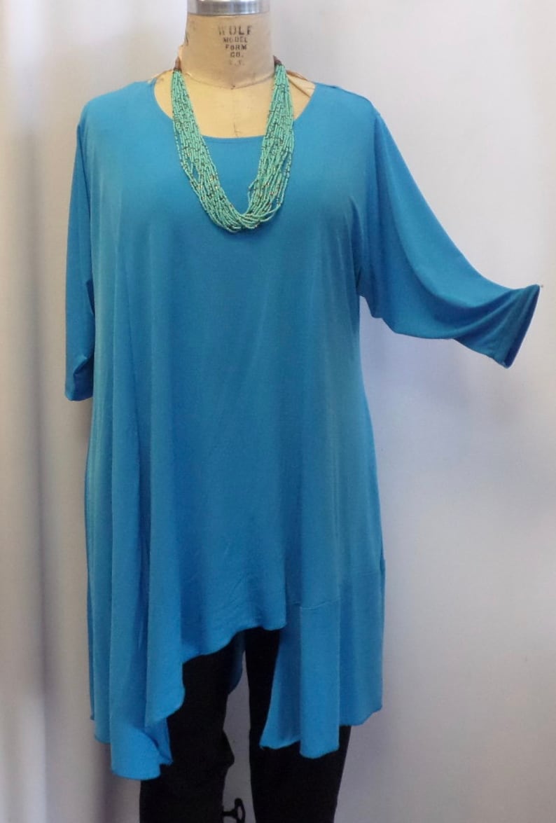 Plus Size Top Asymmetric Top Bust 50 inches Turquoise Blue Traveler Knit Size 1 Coco and Juan Plus Size Tunic fits 1X,2X Lagenlook