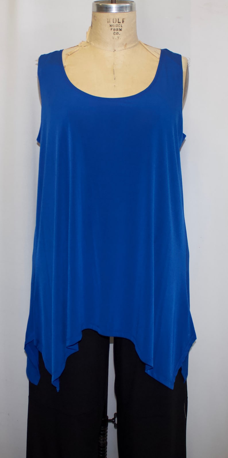 Plus Size Tank, Coco and Juan, Lagenlook, Plus Size Tunic, Sapphire Blue, Traveler Knit, Angled, Tank Top, Size 2 Fits 3X,4X Bust to 60 image 1