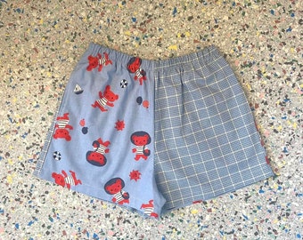 Up Cycled, Repurposed Fabric, Handmade Shorts, Blue, Red, White, Japanese, Teddy Bear Print mixed with Plaid, Women Shorts, Size Small OOAK