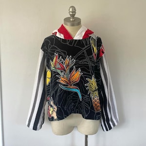 Hoodie, Sweatshirt, Women&#39;s Reworked, Upcycled, Terry Cloth Towels, Black Tropical Floral Print Beach Towel, Mixed Gray, Red, Stripe. Size M