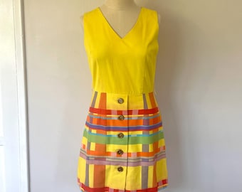 Vintage 60's Dress,  Elizabeth Stewart, Sleeveless, Culotte, Skort, Romper, Split Skirt ,Yellow, Red, Plaid, Women's Dress, Size S/M