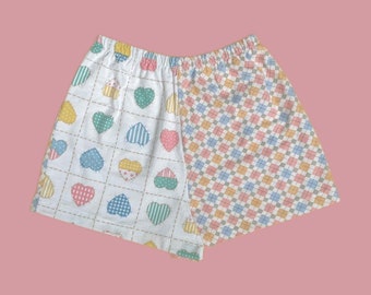 Upcycled, Repurposed Vintage Fabric, Mixed Prints, Hearts and Argyle ,Cotton flannel Blue, Pink, Green, Women's Shorts, Size Small OOAK