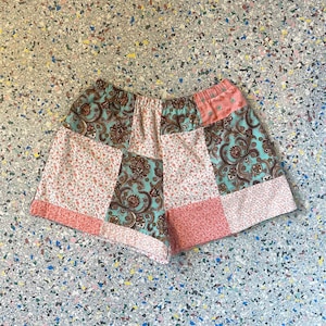 Vintage, Reworked, Cotton, Flannel,Fabric, Handmade Patchwork, Shorts, Pink, Blue, Mixed Floral Mixed Print, Women Shorts, Size Medium image 1