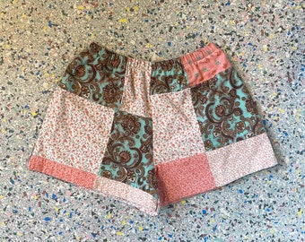 Vintage, Reworked, Cotton, Flannel, Fabric, Handmade Patchwork, Shorts, Pink, Blue,  Mixed Floral Mixed Print, Women Shorts, Size Medium