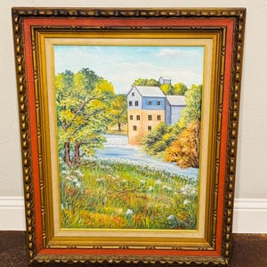 Rare Original Nannette Doskocil 1970 Oil on Board Romantic Landscape with Ornate Frame