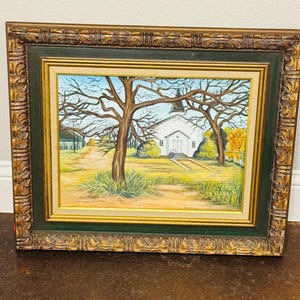 Rare Original Nannette Doskocil 1970 Oil on Board Romantic Landscape with Ornate Frame