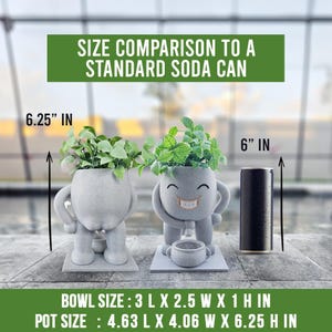 Two quirky plant pots are displayed outdoors beside a standard 6-inch soda can for size comparison. One pot, shaped like a standing figure, measures 6.25 inches tall with lush green plants inside. The second pot has a humorous design of a smiling figure urinating into a small cup. A bold green banner highlights the size reference, ensuring customers can visualize the dimensions, which are as follows, Pot Size is 4.63" L x 4.06" W x 6.25" H, and Bowl Size is 3" L x 2.5" W x 1" H