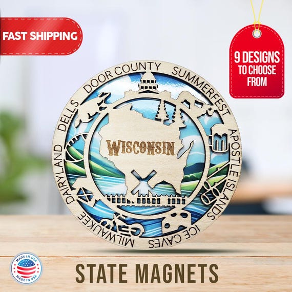 Wisconsin State Map & Landmarks Collage – Fridge Collectible Souvenir Magnet