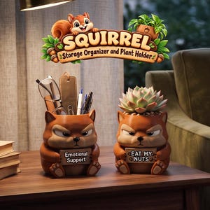 May include: Two brown squirrel-shaped containers with angry expressions. The left one holds pens and glasses with a sign reading Emotional Support. The right one holds a succulent plant with a sign reading EAT MY NUTS. Above them is a logo reading SQUIRREL Storage Organizer and Plant Holder.