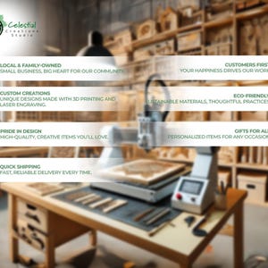 An infographic from Celestial Creations Studio is set against a blurred background of a cozy woodworking and laser engraving workshop. The graphic highlights eight business values in paired rows: