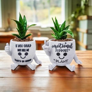 May include: Two white ceramic planters with green plants. One planter has a thumbs-up hand gesture and the text "IF YOU COULD NOT KILL ME THAT'D BE GREAT". The other has a peace sign hand gesture and the text "EMOTIONAL SUPPORT *PLANT".
