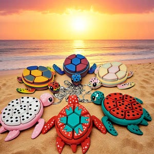 May include: A collection of colorful turtle-shaped keychains and pendants displayed on a sandy beach with a sunset backdrop. The turtles feature various patterns and colors, including red, pink, blue, and yellow, with black and white accents.