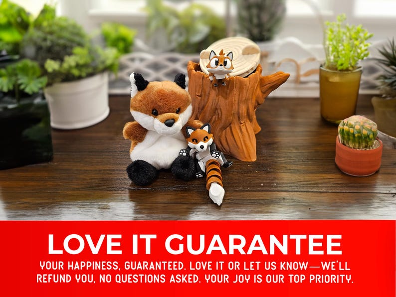 A charming setup featuring a plush fox sitting beside a tree stump container with two articulated fox figurines playfully posed around it. The cozy scene is decorated with potted plants in the background on a wooden surface. A bold red banner along the bottom highlights a "Love It Guarantee" message, promising customer satisfaction or a full refund.