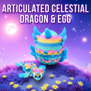 May include: A colorful, articulated celestial dragon and egg are featured in this image. The dragon and egg are decorated with blue, yellow, pink, and green hues. The background is a purple and blue landscape with a full moon and stars.