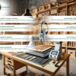 Celestial Creations Studio values: local family-owned, custom laser-engraved designs, eco-friendly practices, quick shipping, customer-first focus, and personalized gifts. High-quality, creative items made with care for every occasion