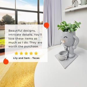 A quirky plant pot with a smiling face stands on a white round table, featuring a playful design with a smooth, speckled gray finish. It is filled with vibrant green leaves, adding a fresh touch to the modern interior. A customer review overlay praises its intricate details and unique design. Behind, a bright window with flowing curtains and neatly arranged shelves complement the stylish setting. This decorative planter is a fun gift or home decor piece.