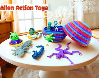 UFO Tiny Alien Figurines | Mini Alien Action Toys | 10 Cute Aliens | Alien Reptiles Articulated Fidget Toys | Alien Flexi 3d Printed | GIFT