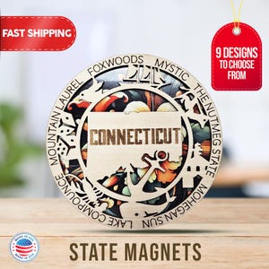 Connecticut State Magnetic Fridge Magnet, Travel Souvenir, Intricate State Icon Design, Unique Travel Gift, Handcrafted Gift Home & Kitchen