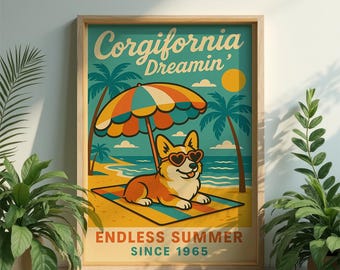 May include: A framed poster with a retro design. The poster features a cartoon corgi wearing heart-shaped sunglasses, relaxing on a beach towel under a colorful umbrella. Text reads "Corgifornia Dreamin'" and "Endless Summer Since 1965".