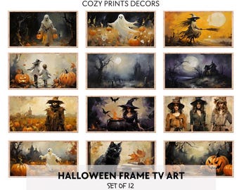 Halloween Frame TV Art Set, Jack o Lantern,  Ghost painting, Halloween Decor, Fall Landscape Paintings, Vintage Oil Painting, Samsung Tv
