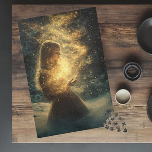May include: A young girl stands in a field of sparkling golden light, her hands outstretched as if catching the magic. The background is a dark blue with a hint of green, creating a dramatic contrast with the bright light.