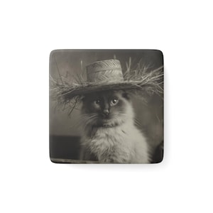 Vintage Cat Magnet, Square Porcelain Magnet, Cat Lover Gift, Retro Home Decor, Kitchen Magnet, Cute Kitty Decoration