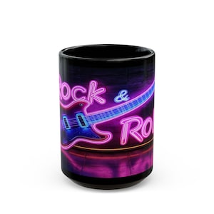 Rock & Roll Black Mug, 15oz, Perfect for Music Lovers, Guitar Enthusiasts, Gifts for Musicians, Retro Home Decor
