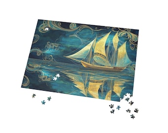 May include: A gold sailboat with white sails on a blue and green water background with a swirling pattern. The sailboat is reflected in the water.