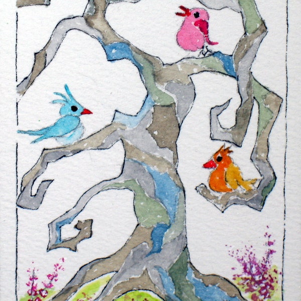 FREE SHIPPING and HALF Price Aceo Original watercolor Titled When Birds Sing