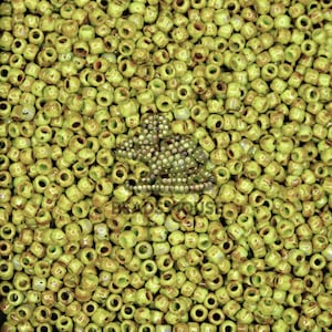 May include: A close-up shot of a pile of small, yellow-green seed beads. The beads have a slightly irregular shape and a glossy finish. A few beads have brown accents. The image is well-lit, showing the texture and color variations of the beads.