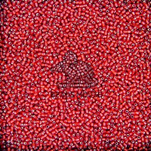 Peut inclure: Gros plan sur un champ dense de petites perles rouges cylindriques. Chaque perle a un trou argenté au centre. Les perles sont dispersées, créant une surface texturée. Un amas plus sombre de perles forme une forme.