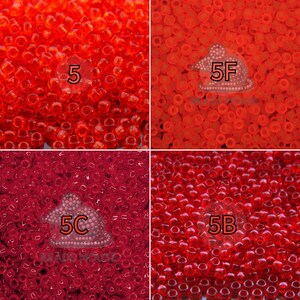 May include: Four sections of small, translucent red beads. Each section displays a different shade of red. Each section has a white label with a number and letter combination: 5, 5F, 5C, and 5B. The beads are suitable for crafting.