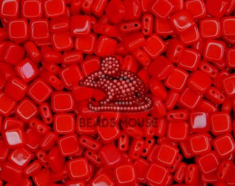 CzechMates TILE Beads 93200 Opaque Red | Square Beads | Two-hole Beads | CzechMates Tila Beads | Jewllery Making | Beads UK