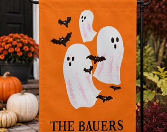 Personalized Ghost Halloween Garden Flag | Custom Family Name Fall Yard Flag | Cute Ghost Porch Decor