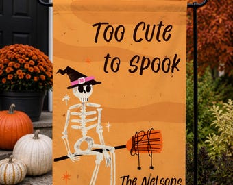 Personalized Halloween Garden Flag | Cute Skeleton Witch Flag | Custom Family Name Fall Yard Decor