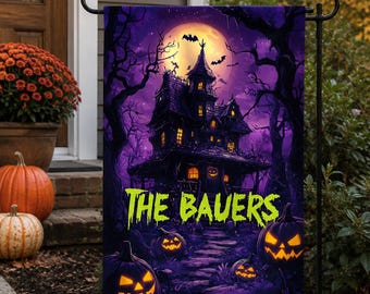 Personalized Haunted House Halloween Garden Flag, Custom Family Name Fall Yard Flag, Spooky Outdoor Decor