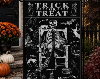 Personalized Trick or Treat Garden Flag, Custom Halloween Family Name Flag, Vintage Spooky Yard Decor