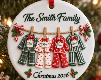 Personalized Family Christmas Ornament • 3D Relief Ceramic Ornament • Matching Pajama Family Keepsake