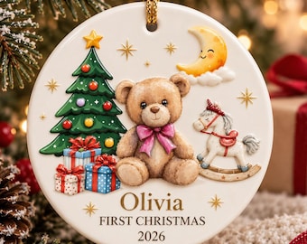 Personalized Baby's First Christmas Ornament • 3D Relief Ceramic Ornament • Teddy Bear Keepsake