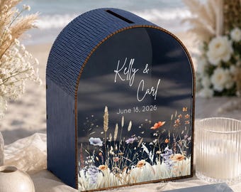 Navy Wedding Card Box • Costal Wildflower Arched Box • Personalized Names & Date • Seaside Reception • Elegant Blue Wedding Decor