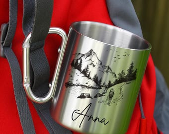 Personalized Hiking Mug | Custom Stainless Steel Carabiner Cup | Hiker Gift | Nature Coffee Mug | Backpacking Travel Mug
