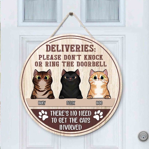 Don't Knock Or Ring The Doorbell Customized Cat Wood Sign Custom Cat Wooden Sign Personalized Cat Door Sign Funny Welcome Front Door Hanger