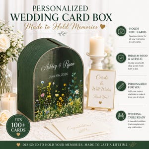 May include: A personalized green wooden wedding card box with an acrylic front. The box features the names "Ashley & Ryan" and the date "June 06, 2026". The box is decorated with a floral design and holds over 100 cards. A sign reads "Cards & Well Wishes Thank You!"