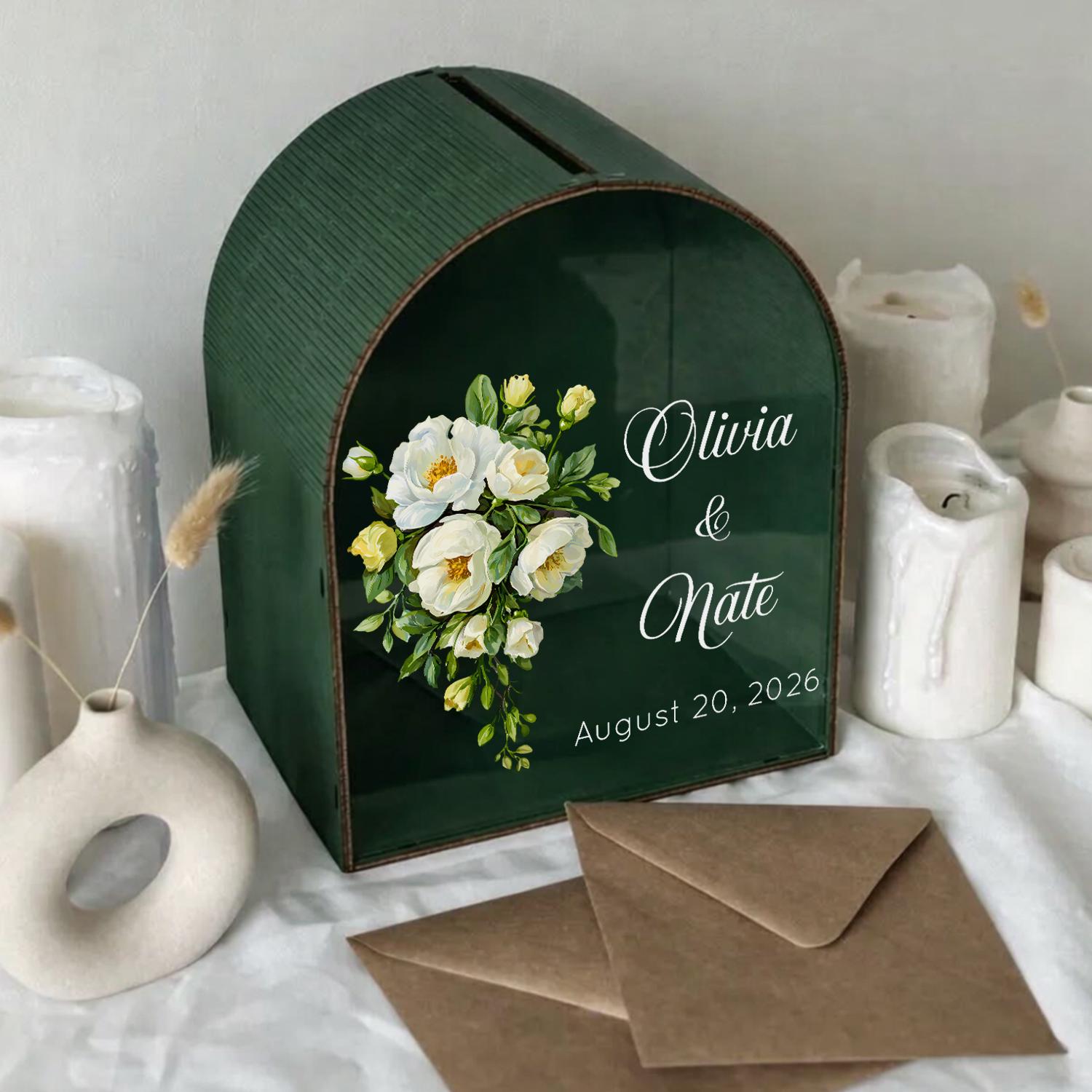 Personalized Names & Date Wedding Card Box • Custom Floral Arched Card ...