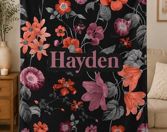 Personalized Floral Blanket, Custom Name Throw, Botanical Gift