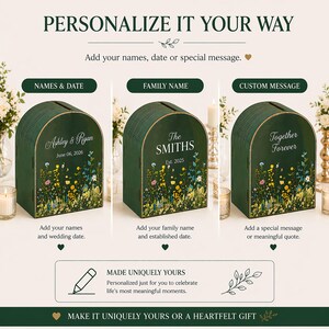 May include: Three dark green wooden boxes with arched tops, each featuring floral designs and personalized text. One box reads "Ashley & Ryan June 06, 2026", another "The SMITHS Est. 2025", and the last "Together Forever".